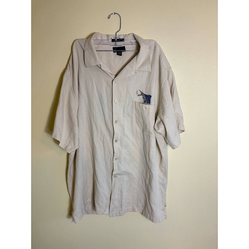 Luau Finest Silk‎ Shirt Puffin Marlins Embroidered Beige XL Limited Edition